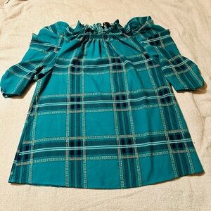 Sugar Lips Teal Plaid Smocked Neck Puff Sleeve Top Size XS